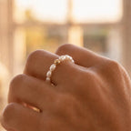 Freshwater pearl and gold bead ring; adjustable, stretchy, stackable ring; minimalist handmade jewelry