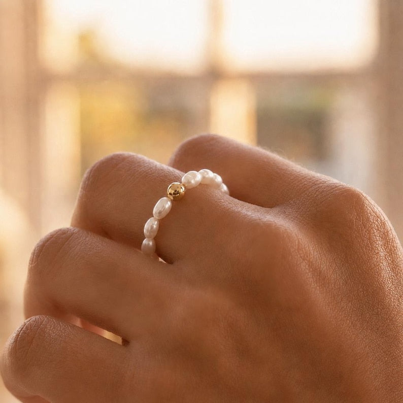 Freshwater pearl and gold bead ring; adjustable, stretchy, stackable ring; minimalist handmade jewelry