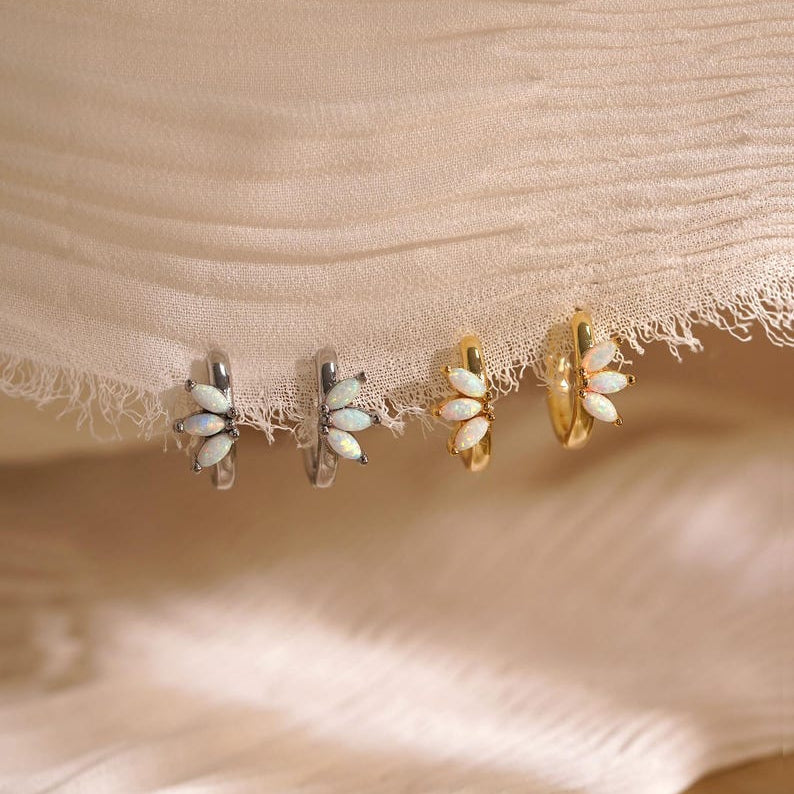 Opal hoop earrings, 925 silver plated with 18K gold, 10 mm