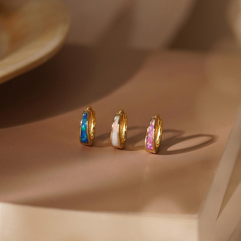 Opal hoop earrings, small hoop earrings (available in white, blue, and pink), minimalist style