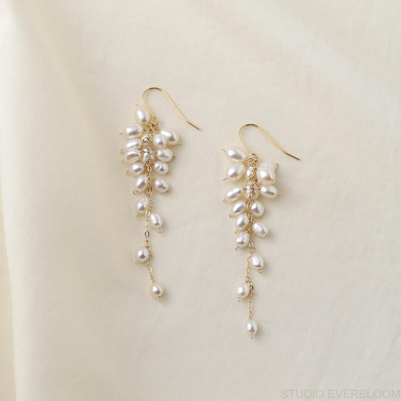 Grape-style freshwater pearl cluster earrings, 14K gold-filled drop-style jewelry, 7.5 cm in length