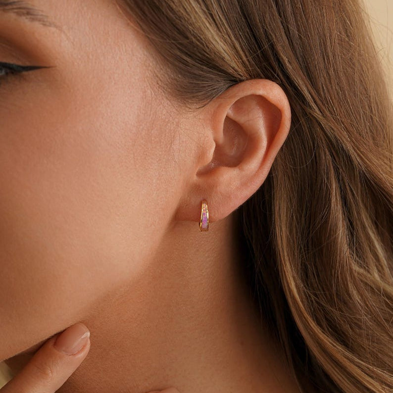 Opal hoop earrings, small hoop earrings (available in white, blue, and pink), minimalist style