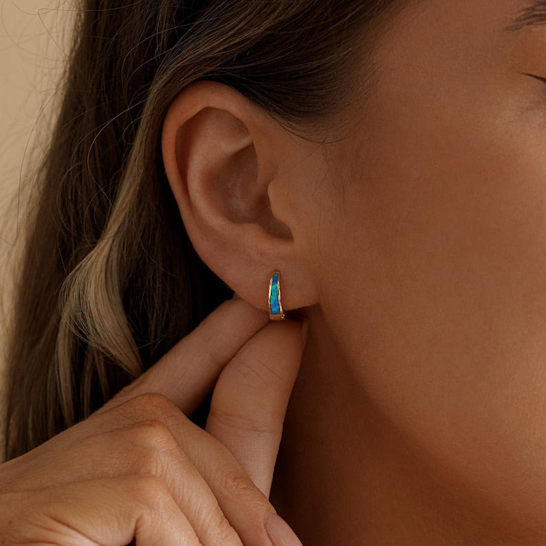 Opal hoop earrings, small hoop earrings (available in white, blue, and pink), minimalist style