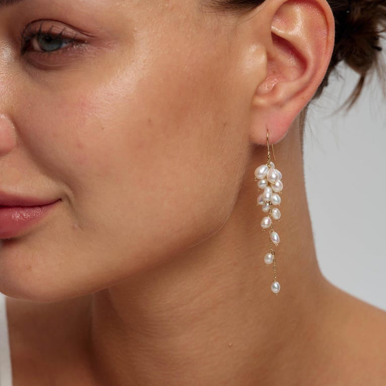 Grape-style freshwater pearl cluster earrings, 14K gold-filled drop-style jewelry, 7.5 cm in length