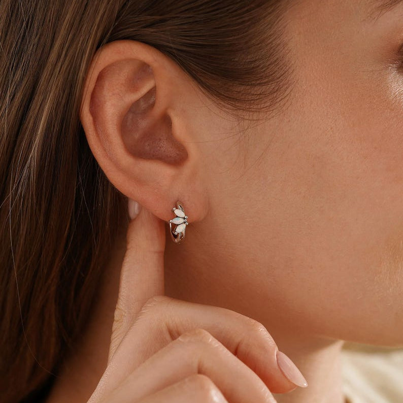 Opal hoop earrings, 925 silver plated with 18K gold, 10 mm