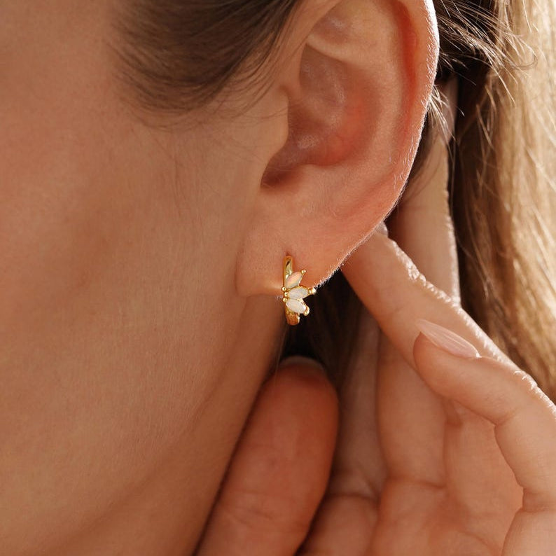 Opal hoop earrings, 925 silver plated with 18K gold, 10 mm
