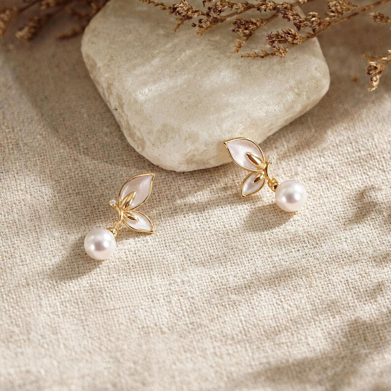 Butterfly Freshwater Pearl Drop Earrings with Gold Floral Gemstone Accents and 925 Sterling Silver Posts