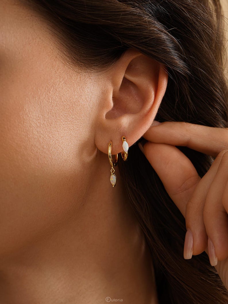 Opal Hoop Earrings 18K Gold Plated 925 Sterling Silver Huggie Dangle 10mm Women