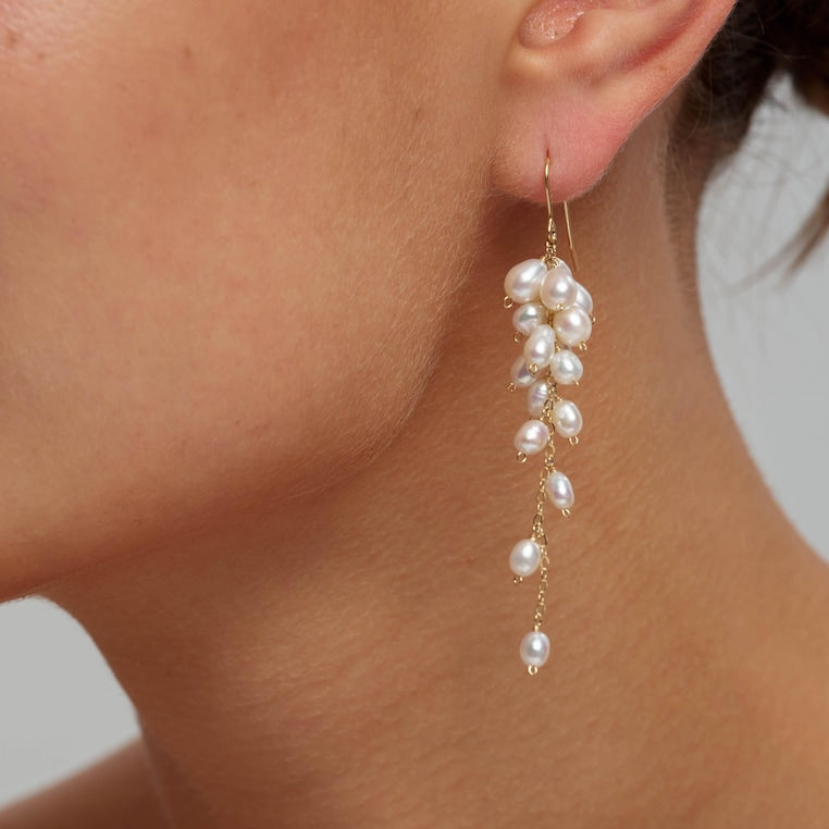 Grape-style freshwater pearl cluster earrings, 14K gold-filled drop-style jewelry, 7.5 cm in length