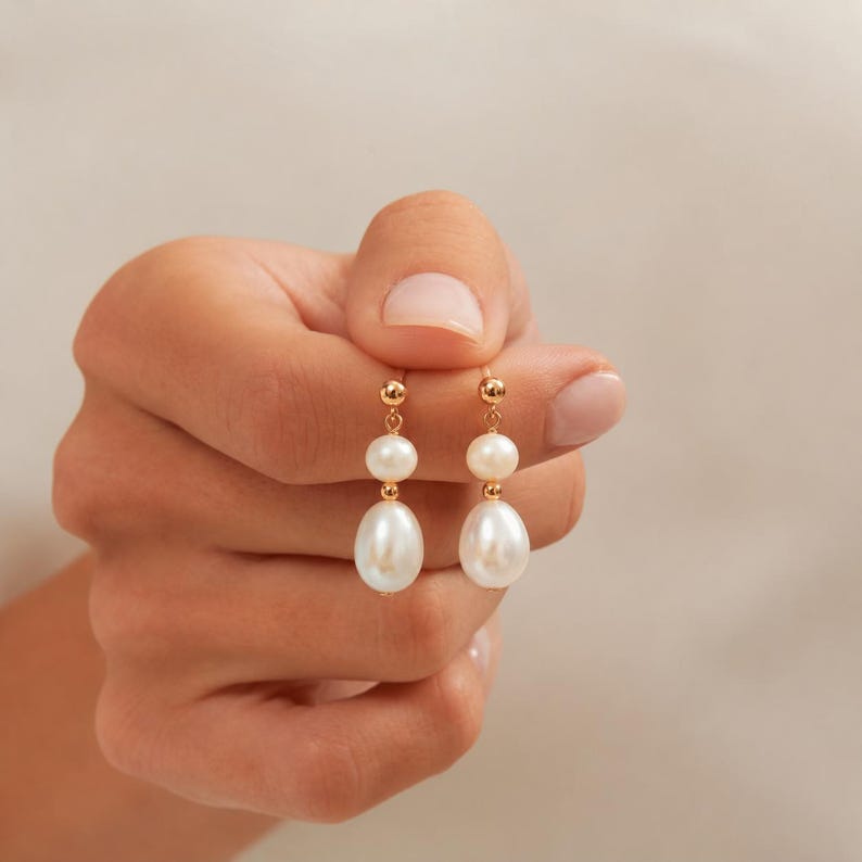 Freshwater pearl drop earrings, 925 silver with 14K gold plating, minimalist and delicate jewelry