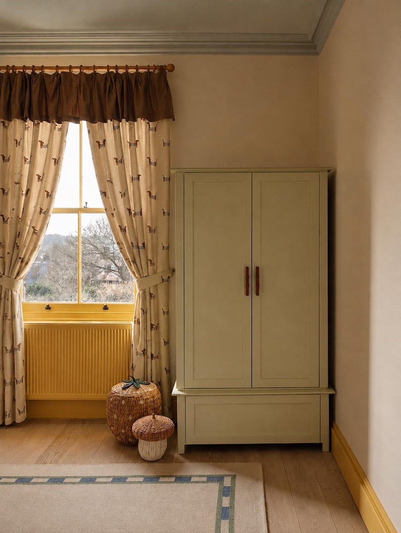 Linen curtains with embroidered puppy motifs, light-filtering, for farmhouse or rustic-style spaces