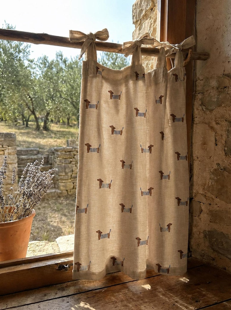 Linen curtains with embroidered puppy motifs, light-filtering, for farmhouse or rustic-style spaces