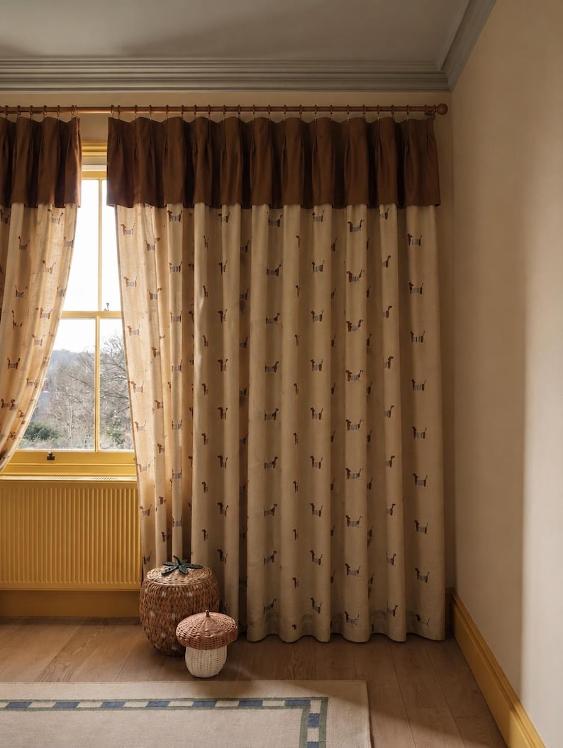 Embroidered Dog Linen Curtain Light Filtering Farmhouse Window Panel