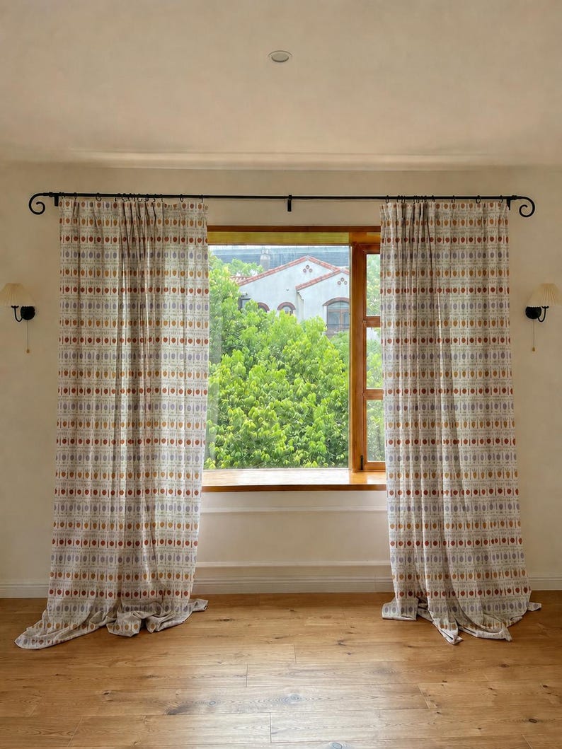 Sage Green Striped Jacquard Curtain Panel – Linen Blend Farmhouse Window Drape