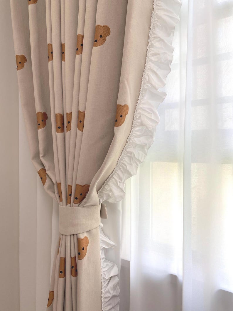 Beige linen-blend embroidered teddy bear curtains with white ruffles