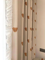 Beige linen-blend embroidered teddy bear curtains with white ruffles