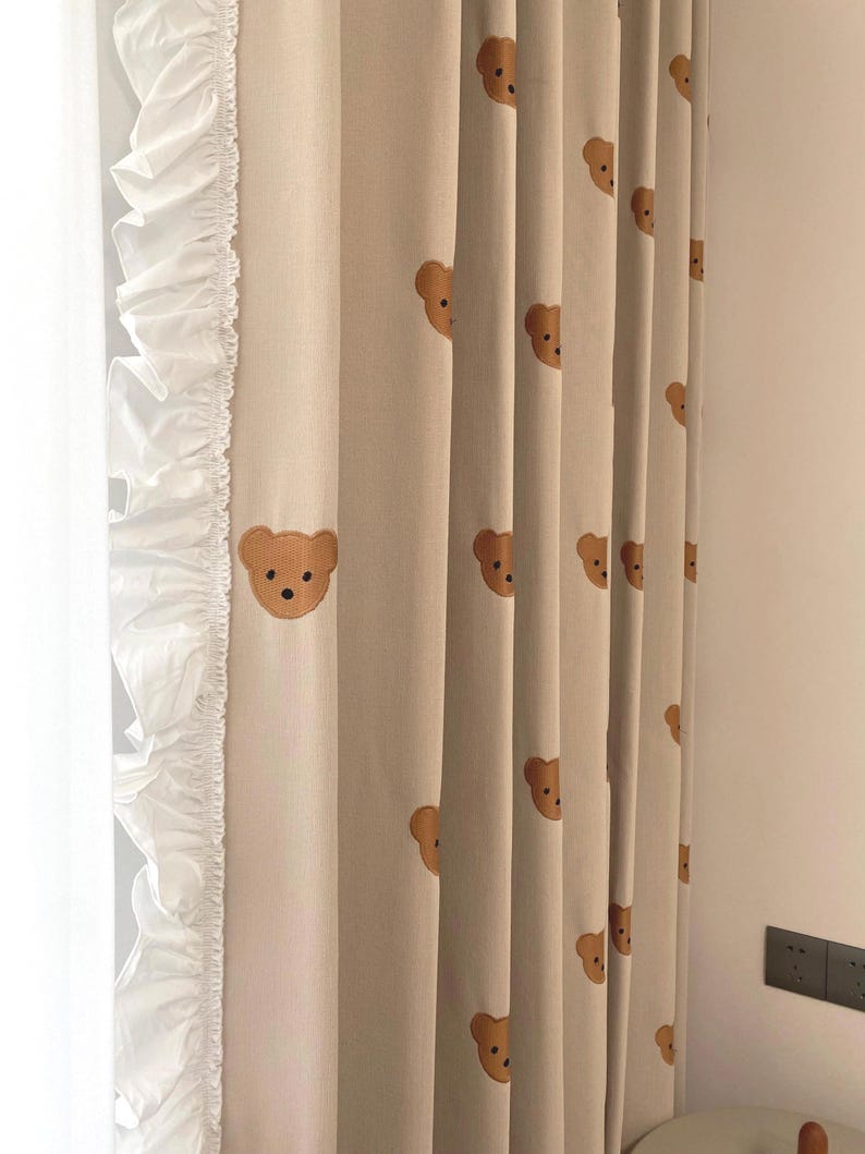 Beige linen-blend embroidered teddy bear curtains with white ruffles