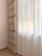 Beige linen-blend embroidered teddy bear curtains with white ruffles