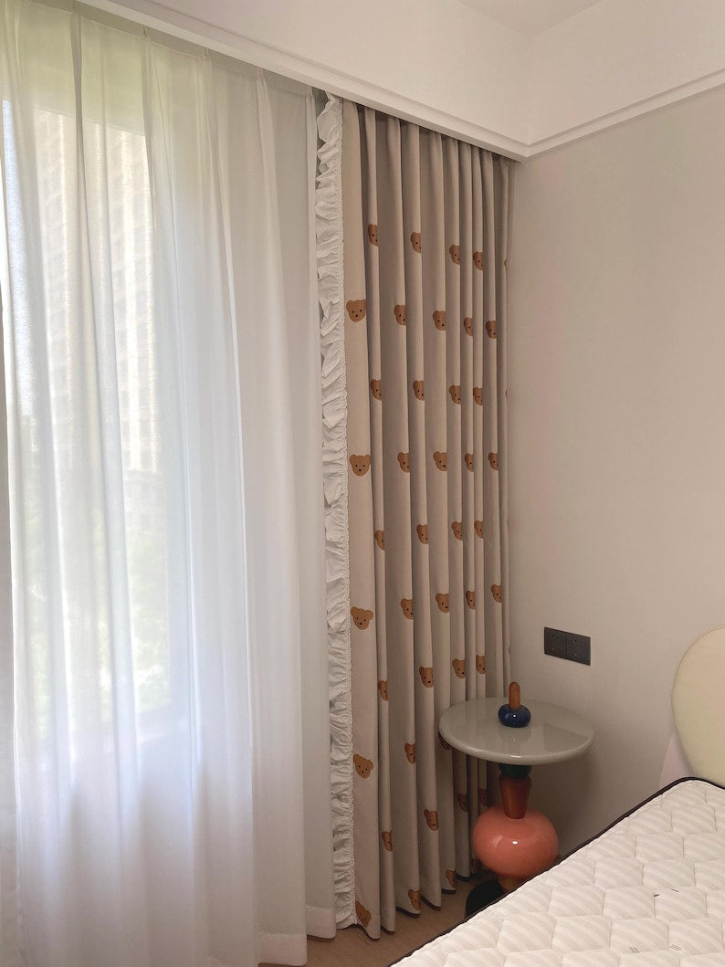 Beige linen-blend embroidered teddy bear curtains with white ruffles