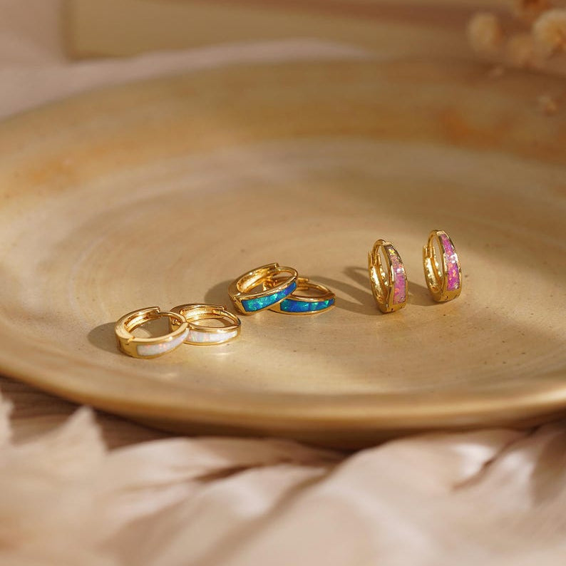 Opal hoop earrings, small hoop earrings (available in white, blue, and pink), minimalist style