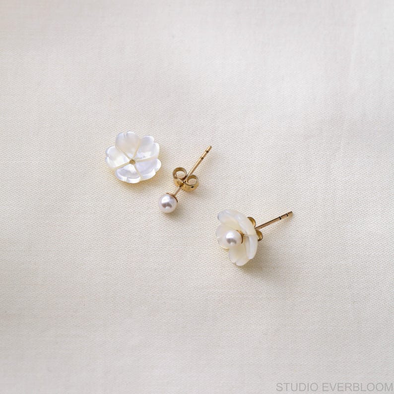 Detachable Pearl Flower Earrings: Freshwater Pearl Studs with Mother-of-Pearl Ear Backs, 10mm