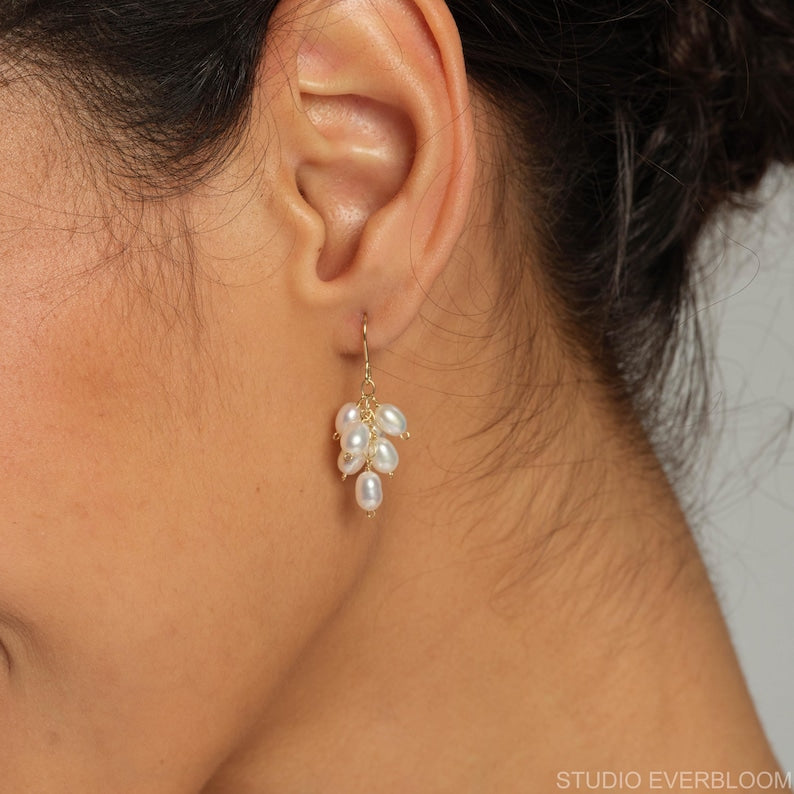 14K Gold Filled Freshwater Pearl Cluster Dangle Earrings, 3 cm Drop, Nickel-Free, Sold as Pair