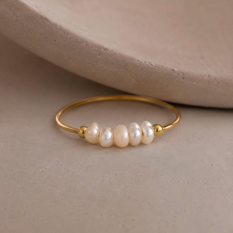 Baroque freshwater pearl ring, gold-tone stainless steel band, minimalist natural pearl jewelry