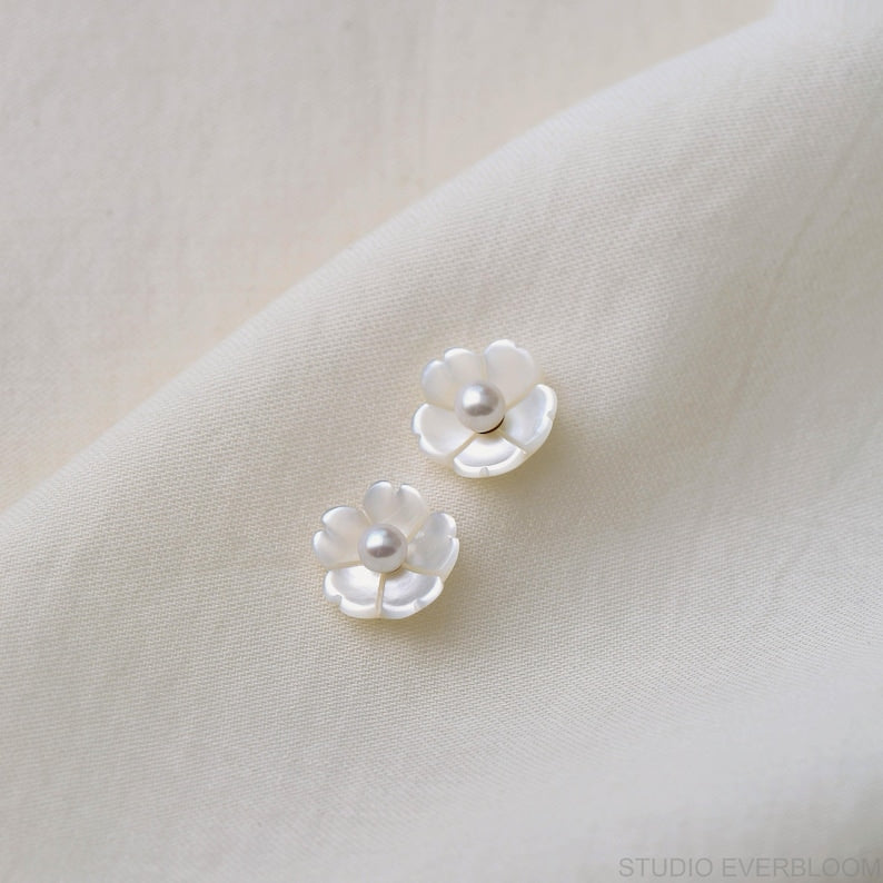 Detachable Pearl Flower Earrings: Freshwater Pearl Studs with Mother-of-Pearl Ear Backs, 10mm