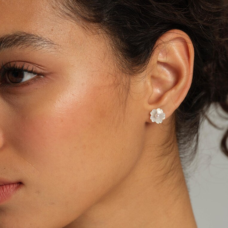 Detachable Pearl Flower Earrings: Freshwater Pearl Studs with Mother-of-Pearl Ear Backs, 10mm