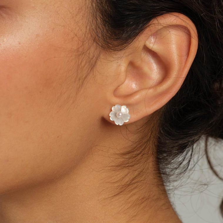 Detachable Pearl Flower Earrings: Freshwater Pearl Studs with Mother-of-Pearl Ear Backs, 10mm