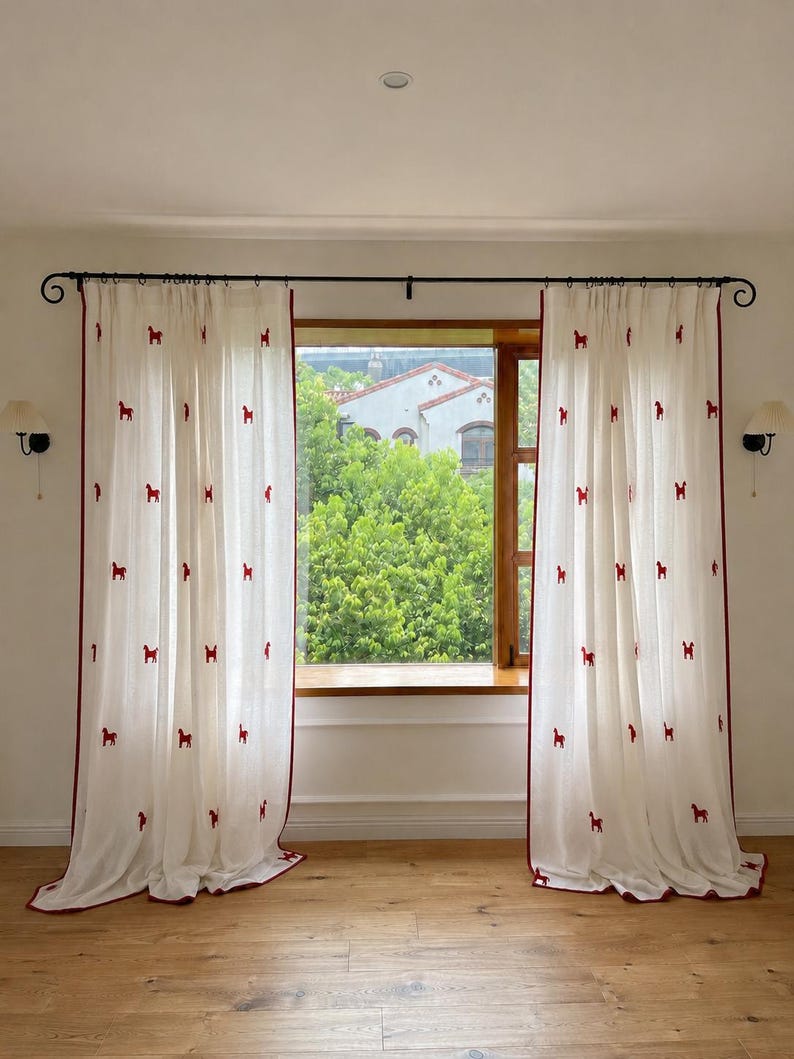Red Horse Embroidery Linen-Blend Curtain – Café and Window Curtain