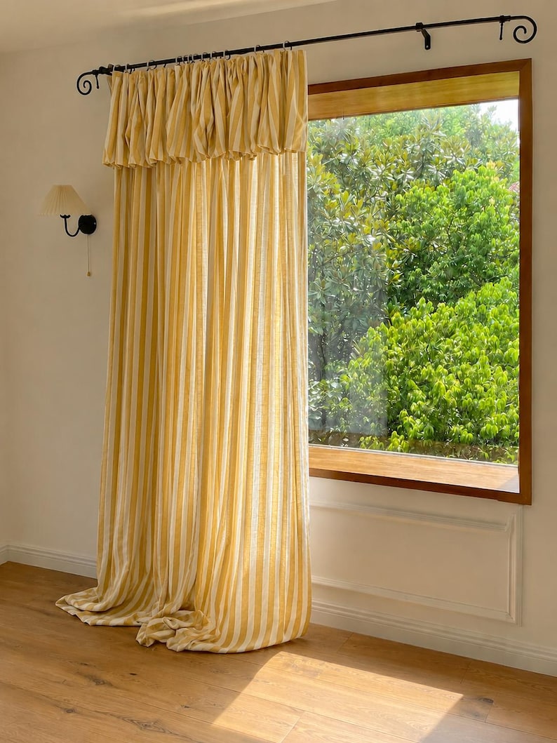Striped Linen Blend Curtain Panel with Ruffle Rod Pocket, Light Filtering Window Drape, Yellow, Farmhouse French Country Style