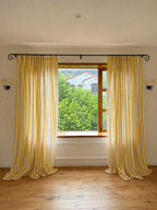 Striped Linen Blend Curtain Panel with Ruffle Rod Pocket, Light Filtering Window Drape, Yellow, Farmhouse French Country Style
