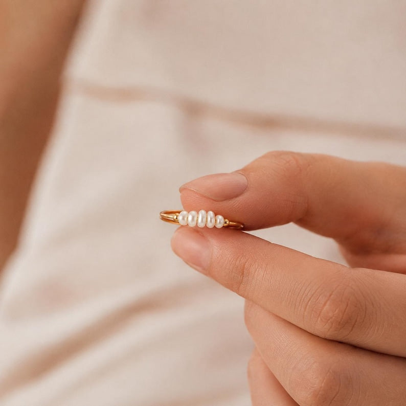 Baroque freshwater pearl ring, gold-tone stainless steel band, minimalist natural pearl jewelry