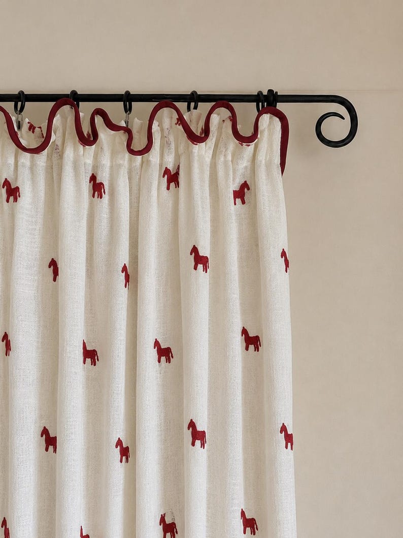 Red Horse Embroidery Linen-Blend Curtain – Café and Window Curtain