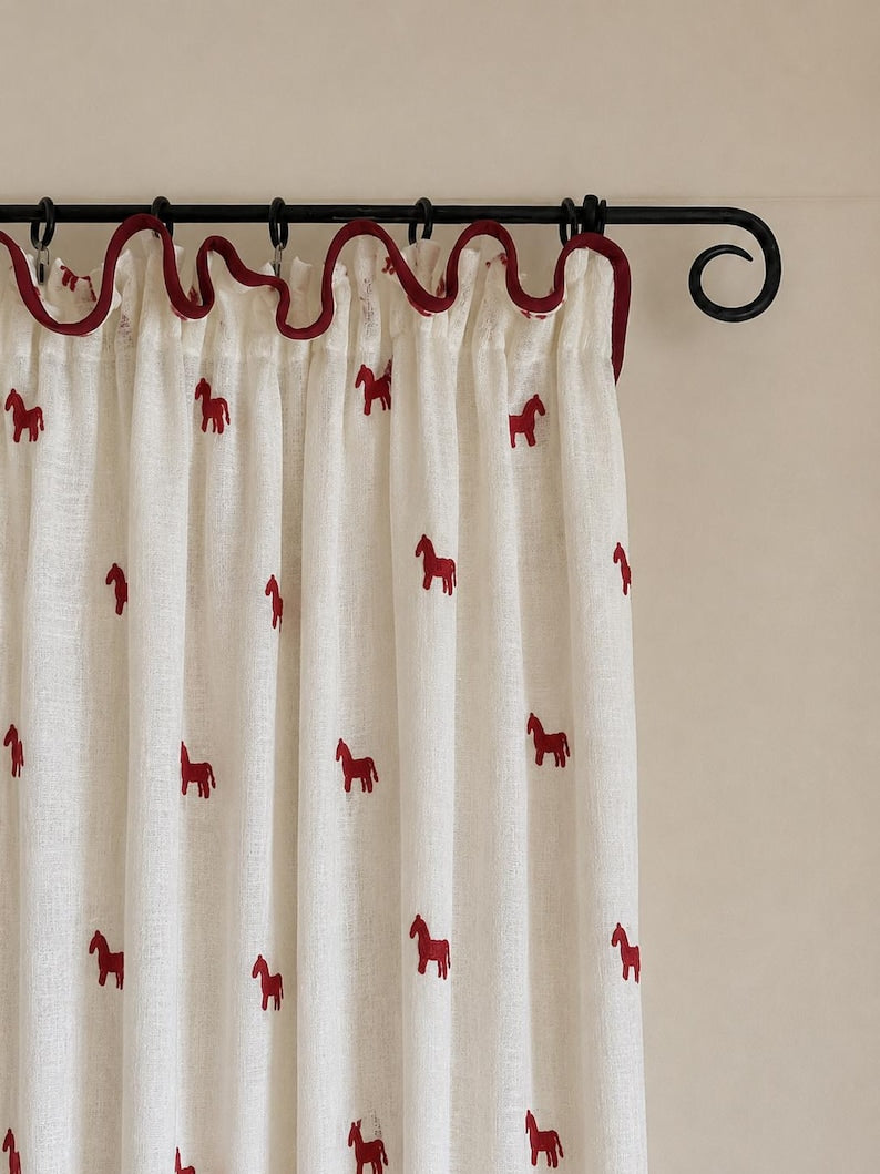 Ivory Linen-Blend Café Curtains with Red Embroidered Horse Pattern and Red Trim