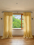 Yellow-striped linen-blend curtains (rod-pocket design with ruffles), light-filtering curtains