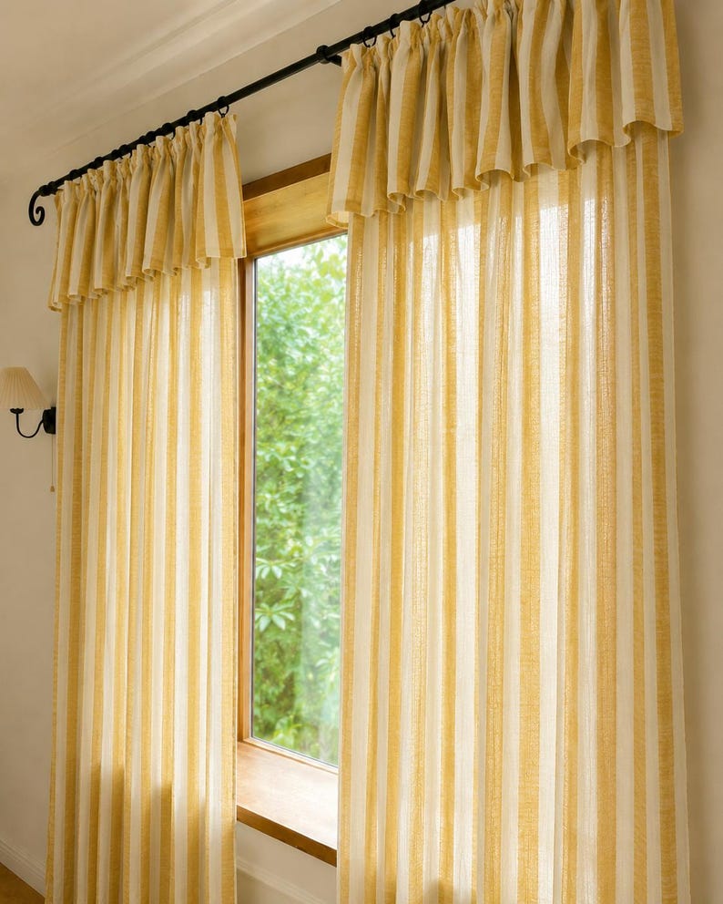 Striped Linen Blend Curtain Panel with Ruffle Rod Pocket, Light Filtering Window Drape, Yellow, Farmhouse French Country Style