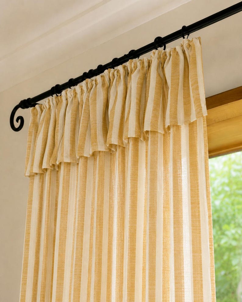 Yellow-striped linen-blend curtains (rod-pocket design with ruffles), light-filtering curtains