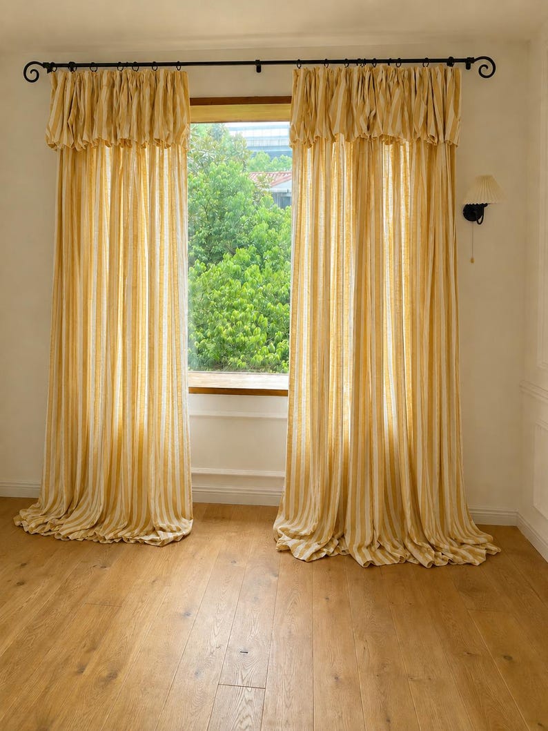 Striped Linen Blend Curtain Panel with Ruffle Rod Pocket, Light Filtering Window Drape, Yellow, Farmhouse French Country Style