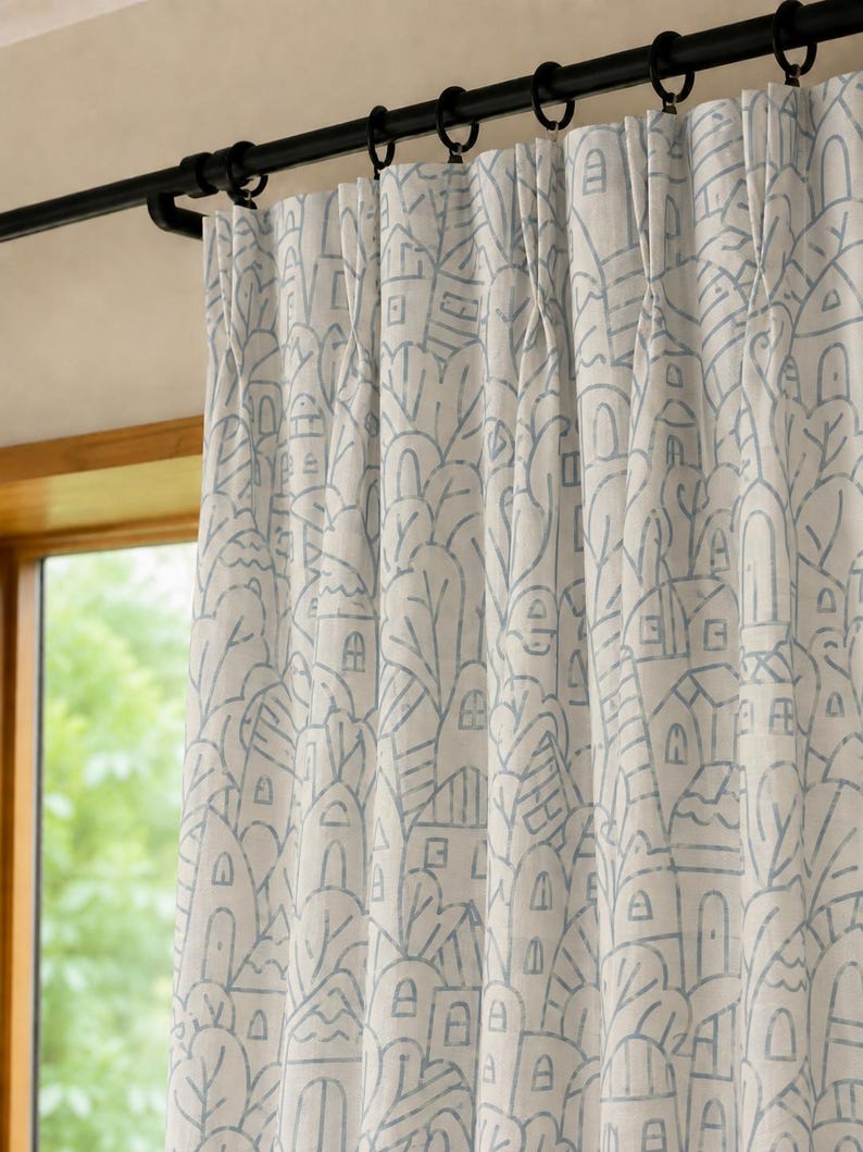Blue Printed Sheer Curtains Village Line Art Pattern Light Filtering Window Drapes for Bedroom Living Room