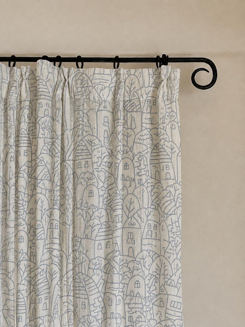 Blue Village Print Sheer Curtain Panel, Light Filtering Drapes for Bedroom, Living Room, Cottage Style, Sold Individually