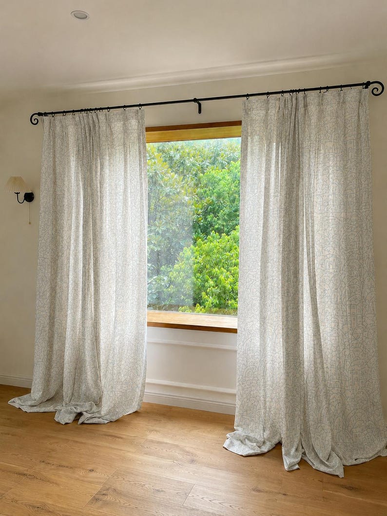 Blue Village Print Sheer Curtain Panel, Light Filtering Drapes for Bedroom, Living Room, Cottage Style, Sold Individually