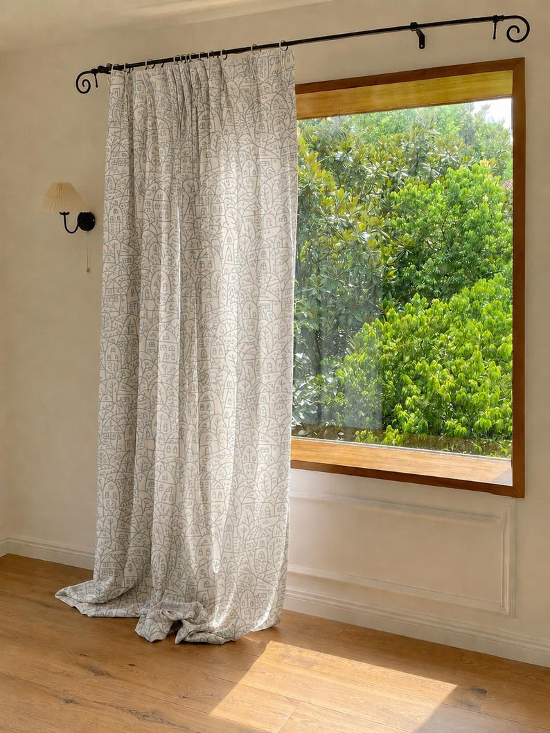 Blue Printed Sheer Curtains Village Line Art Pattern Light Filtering Window Drapes for Bedroom Living Room