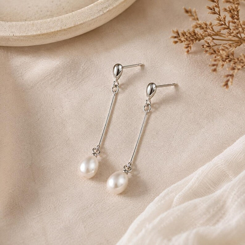 Freshwater Pearl Drop Earrings – Gold-Plated Brass Long Earrings – Minimalist Pearl Jewelry