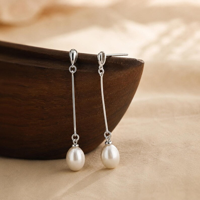 Freshwater Pearl Drop Earrings – Gold-Plated Brass Long Earrings – Minimalist Pearl Jewelry