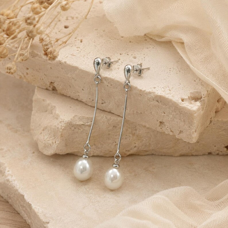 Freshwater Pearl Drop Earrings – Gold-Plated Brass Long Earrings – Minimalist Pearl Jewelry