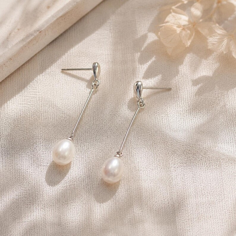 Freshwater Pearl Drop Earrings – Gold-Plated Brass Long Earrings – Minimalist Pearl Jewelry