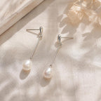 Freshwater Pearl Drop Earrings – Gold-Plated Brass Long Earrings – Minimalist Pearl Jewelry