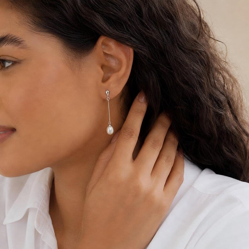 Freshwater Pearl Drop Earrings – Gold-Plated Brass Long Earrings – Minimalist Pearl Jewelry